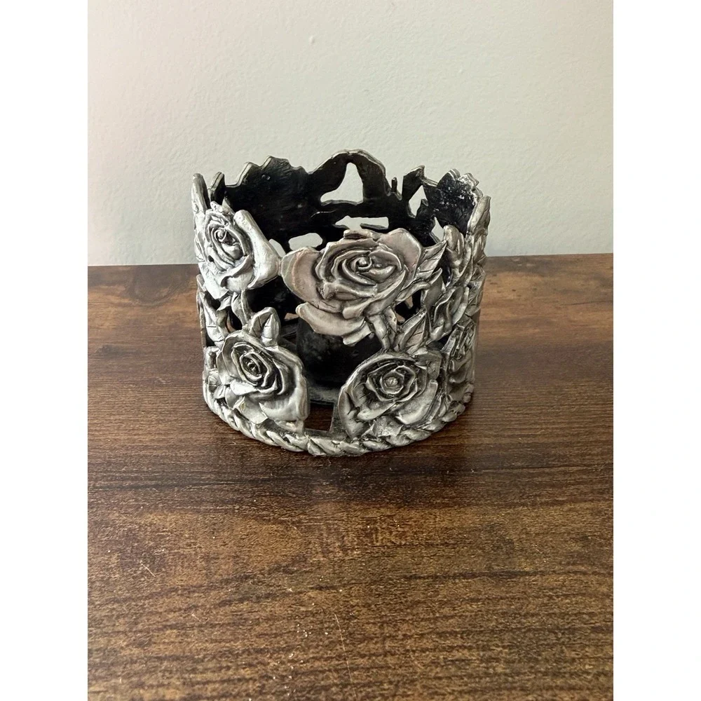 Ganz Pewter Rose Candle Holder‎ Votive Floral Metal Taiwan Vintage Decor
